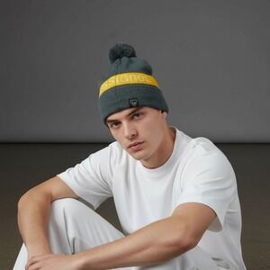 Rossignol Men's Winter Beanie Hat Ski Goggles Design Gray Yellow Pom Pom